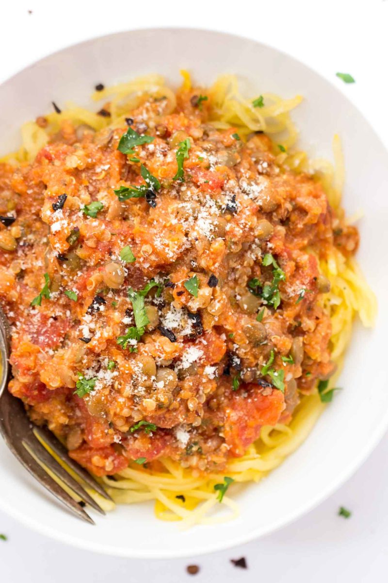 Quinoa Lentil Bolognese with Spaghetti Squash via Simply Quinoa