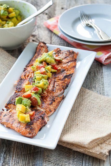 Blackened Salmon with Mango Avocado Salsa via Against All Grain