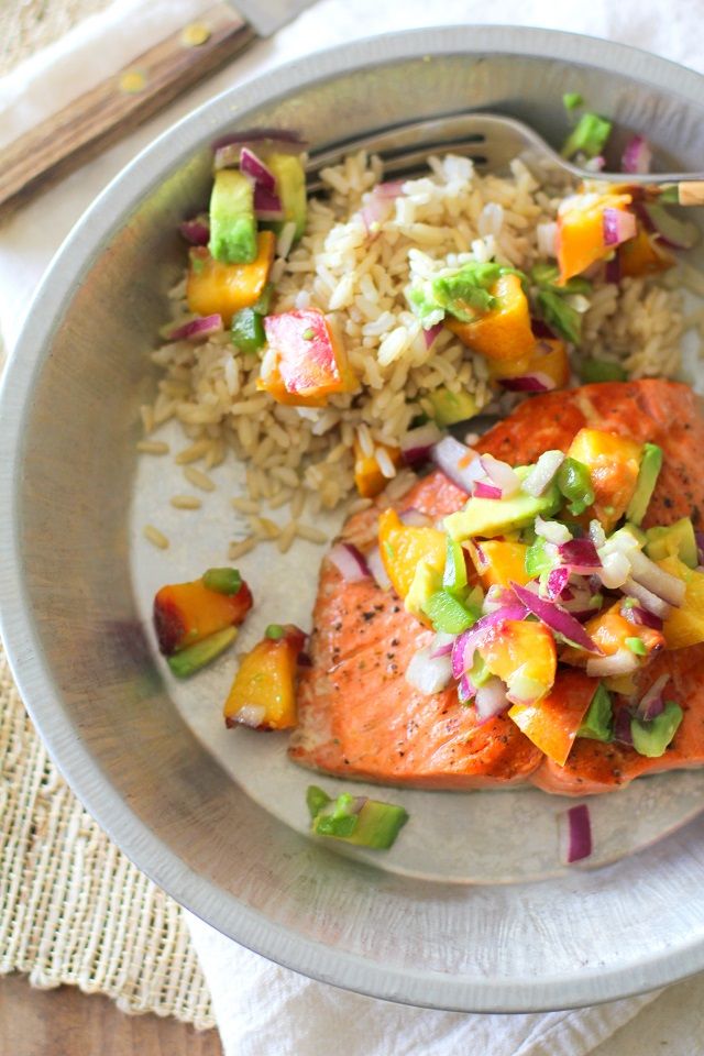 Grilled Salmon with Grilled Peach and Avocado Salsa via The Roasted Root