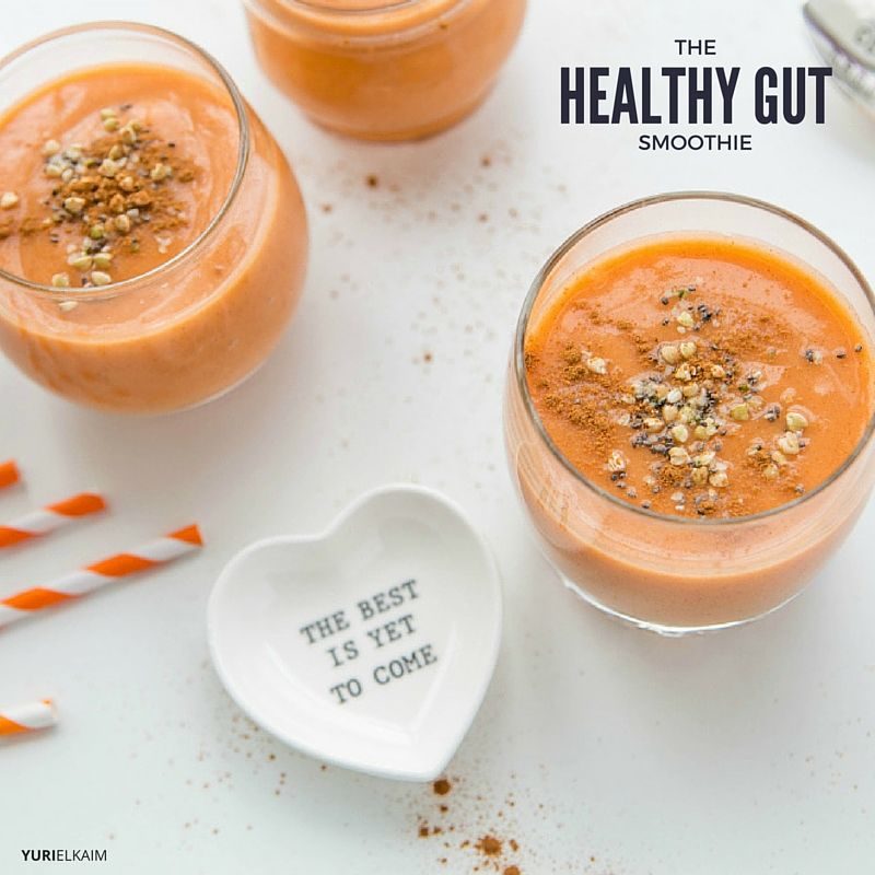 Overhead view of 3 glasses of Carrot Cake Smoothie