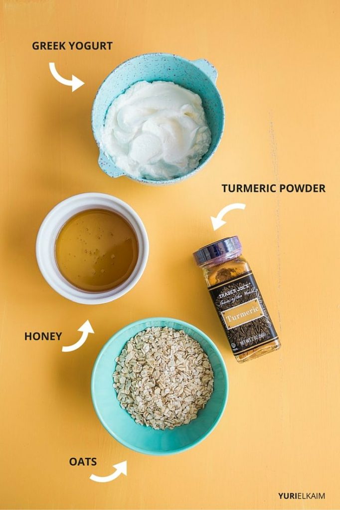 Overhead view of turmeric face mask ingredients