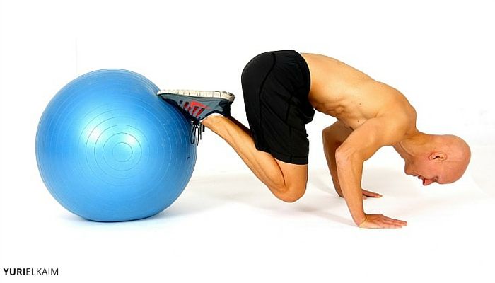 Yuri performing Knee Tuck Push-up with stability ball