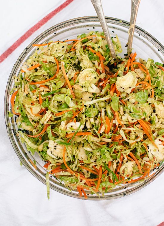 Asian Brussels Sprouts Slaw with Almonds and Carrots via Cookie + Kate