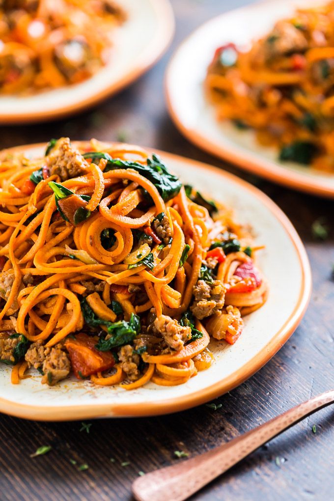 Sweet Potato Noodles with Chorizo Roasted Red Pepper and Spinach via Get-Inspired-Everyday