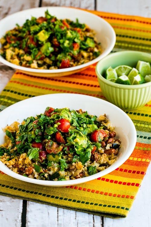 Cauliflower Rice and Pinto Bean Vegan Burrito Bowl via Kalyns Kitchen