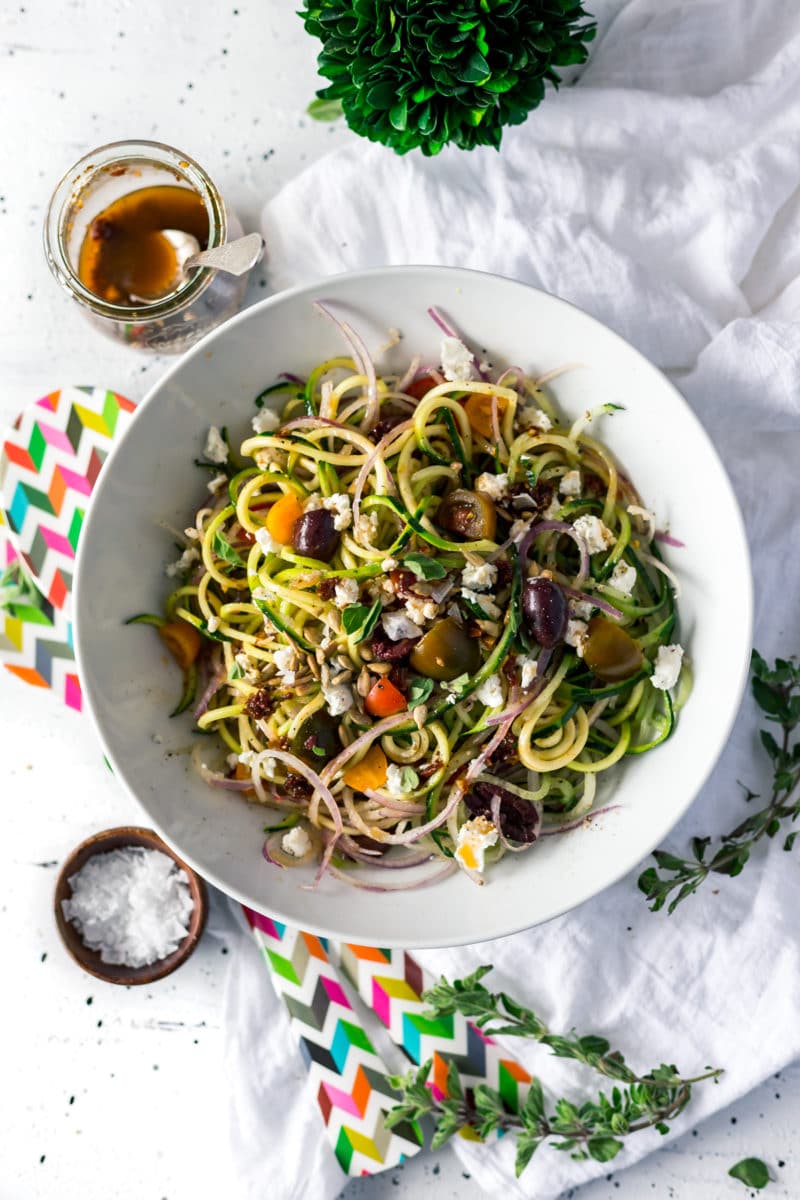 Mediterranean Spiralized Zucchini Salad (Sun-Dried Tomato Dressing)