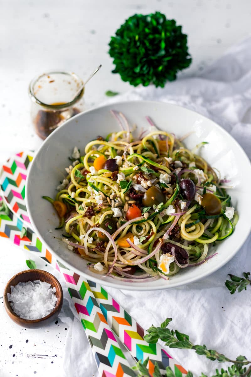 Mediterranean Spiralized Zucchini Salad with Sun-Dried Tomato Dressing Recipe