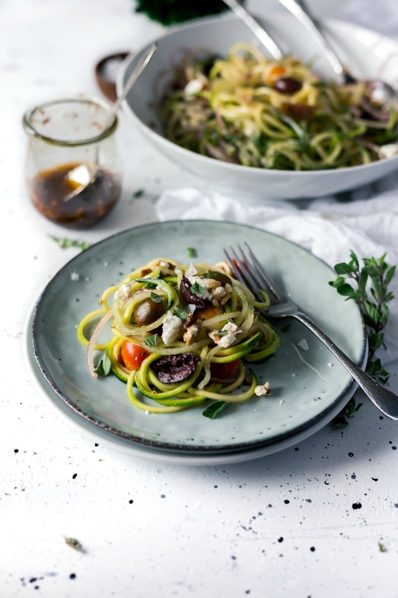 Mediterranean Spiralized Zucchini Salad with Sun-Dried Tomato Dressing