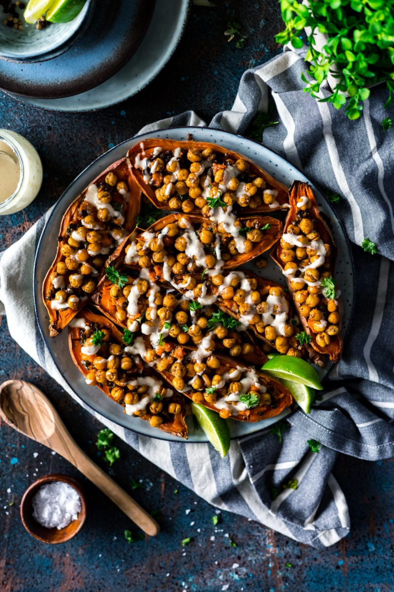 Moroccan Chickpea Stuffed Double Baked Sweet Potatoes