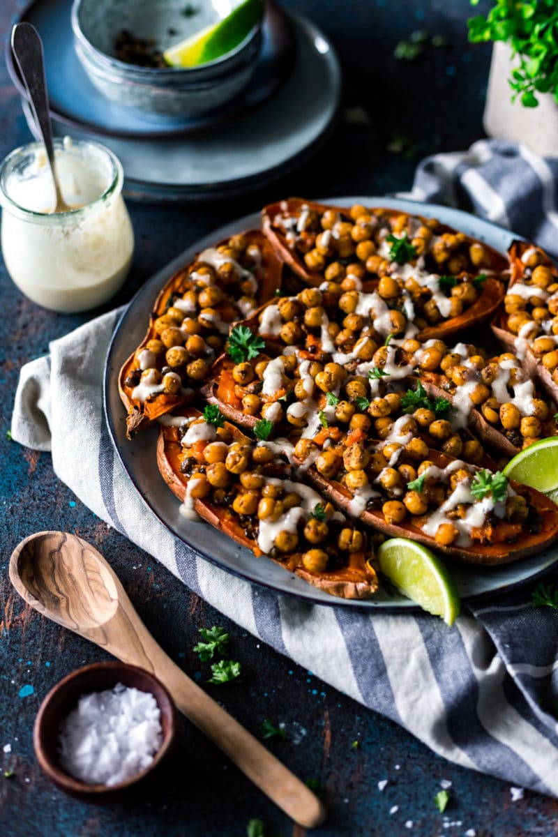 Stuffed Double Baked Sweet Potatoes with Moroccan Chickpeas