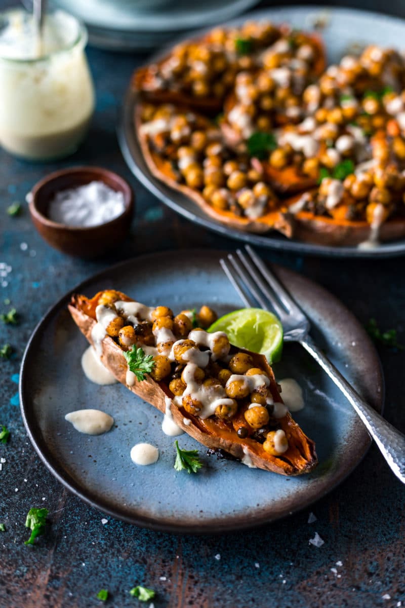 double baked sweet potatoes with Tahini Dressing