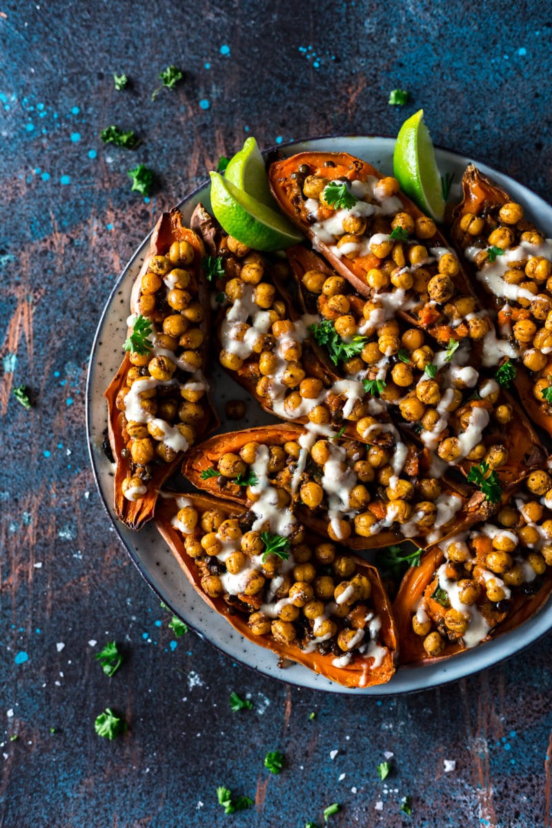 Moroccan Chickpea Stuffed Double Baked Sweet Potatoes with Tahini Dressing