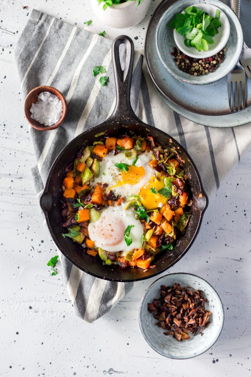 Paleo Sweet Potato Hash with Brussels Sprouts and Shiitake Bacon