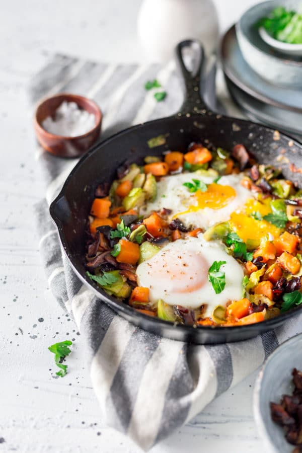 Paleo Sweet Potato Hash with Brussels Sprouts and Shiitake Bacon | Yuri ...