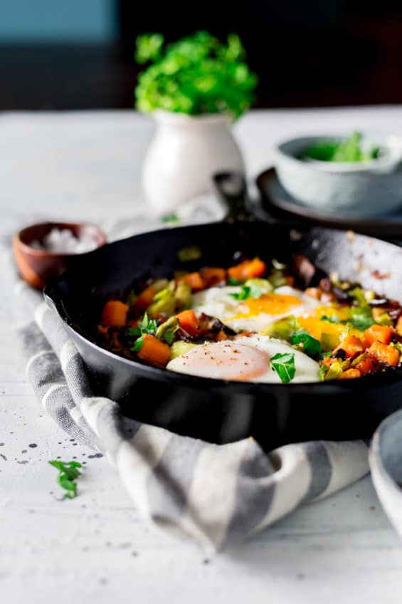 Paleo Sweet Potato Hash with Brussels Sprouts and Shiitake Bacon | Yuri ...