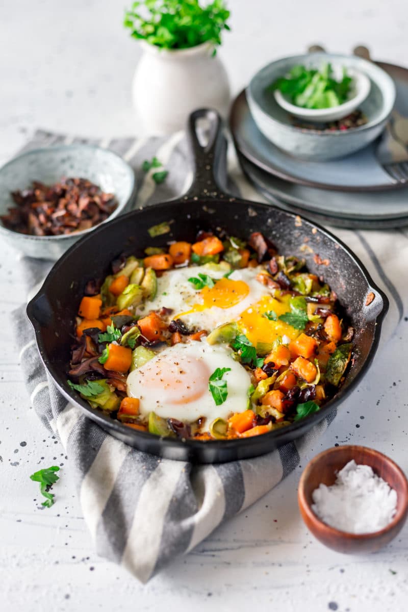 Paleo Sweet Potato Hash with Brussels Sprouts and Shiitake Bacon Recipe