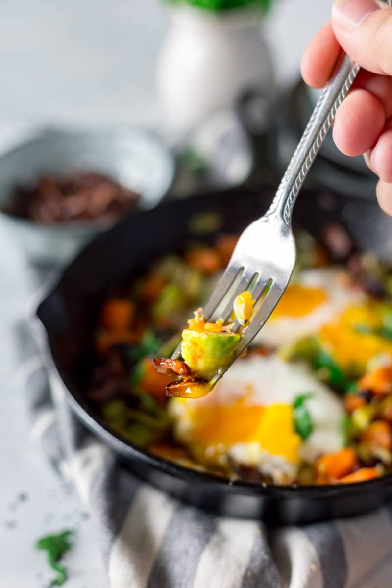 Paleo Sweet Potato Hash with Shiitake Bacon and Brussels Sprouts