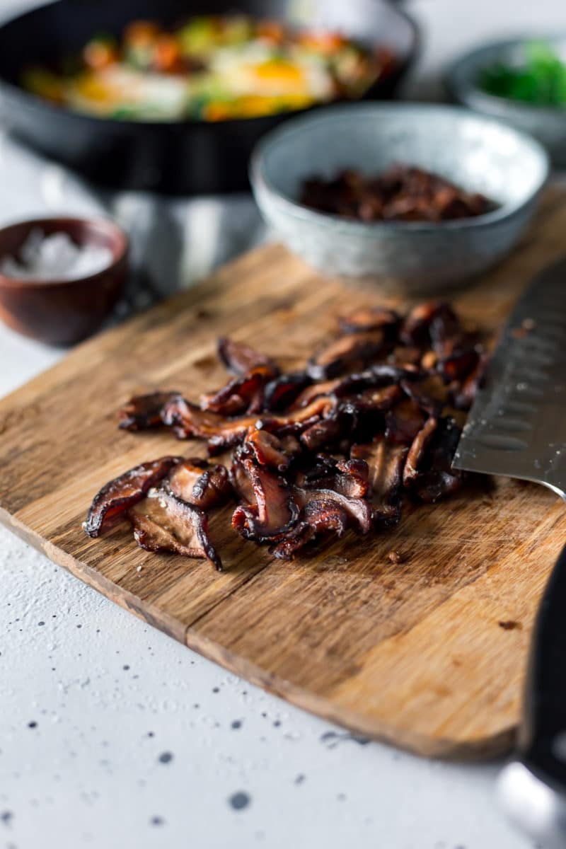 shiitake mushroom bacon on a cutting board