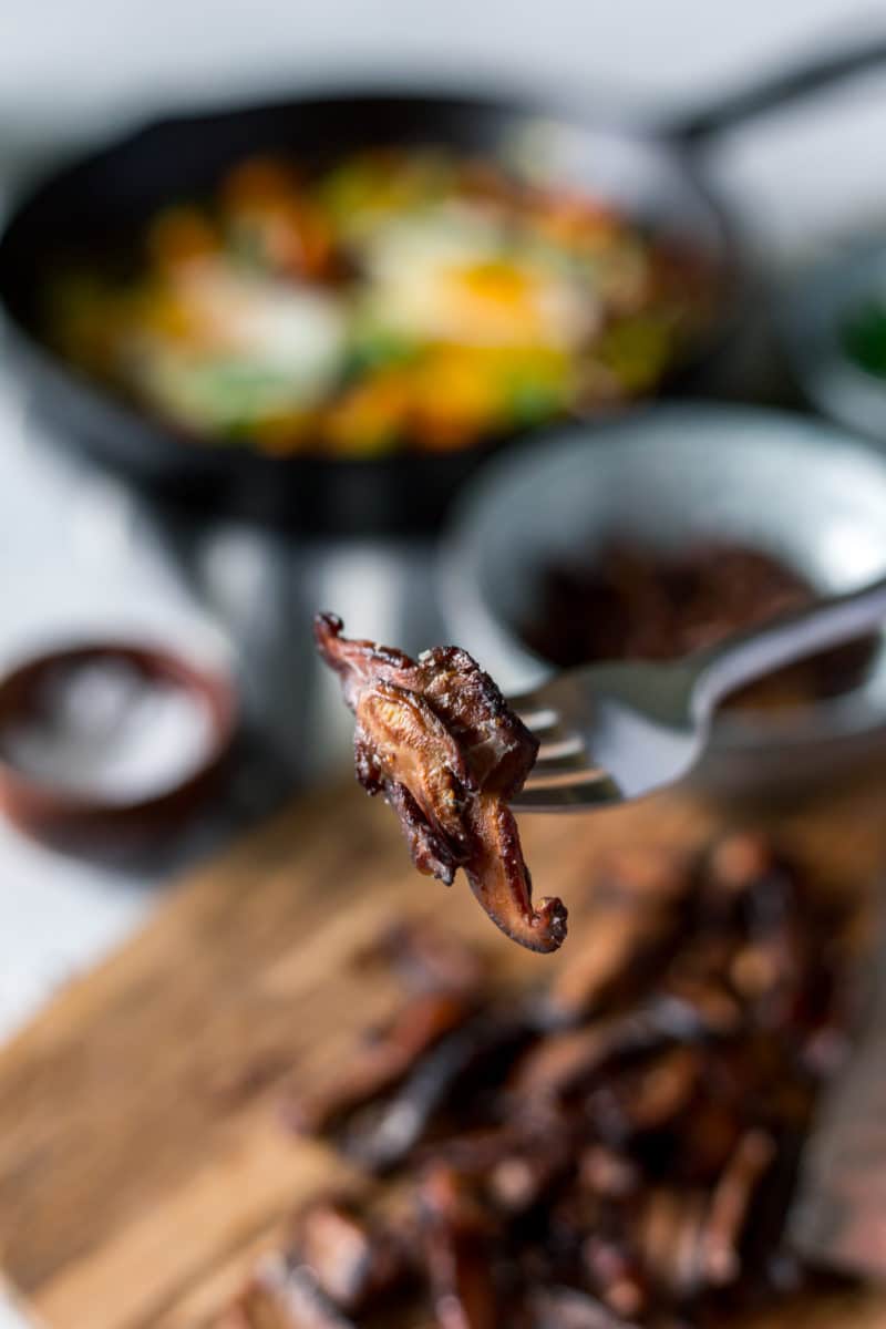 Shiitake Bacon on a fork