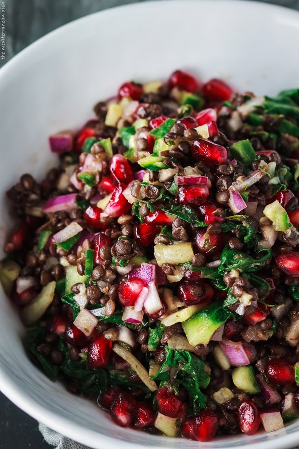 Brown Lentil Salad with Pomegranate and Swiss Chard via The Mediterranean Dish