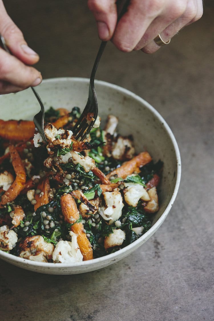 Mustard Greens, Carrots and Cauliflower Lentil Salad via Grown and Gathered
