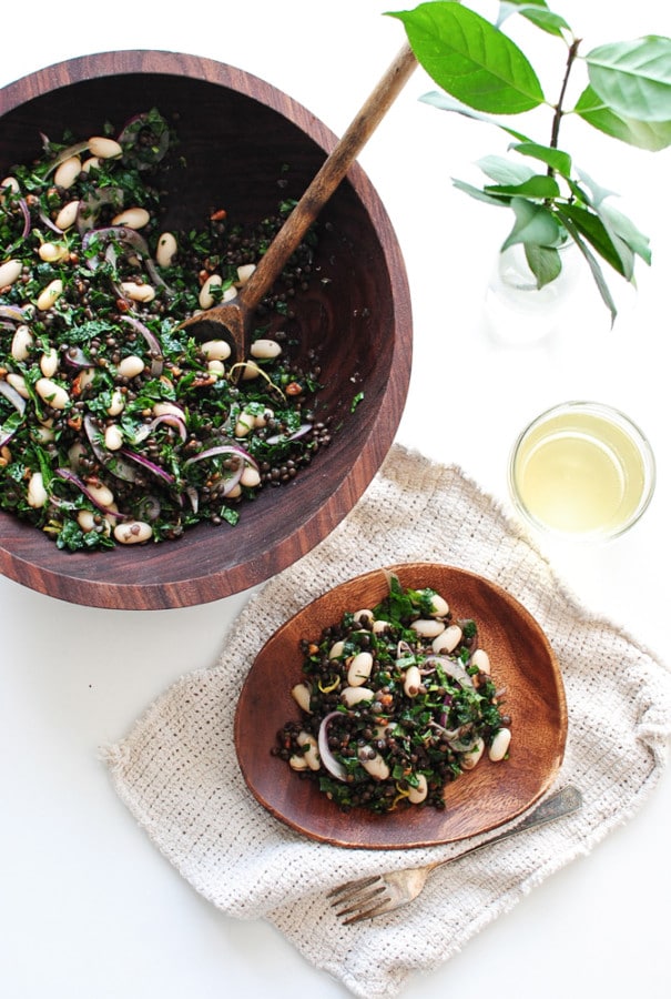 Lentil, Kale, and White Bean Salad via Bev Cooks