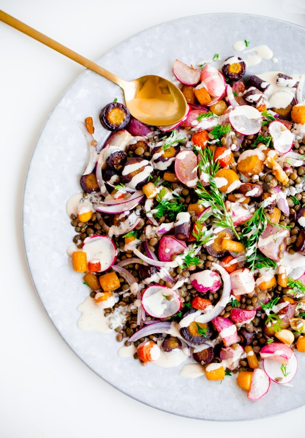 Roasted Carrot Lentil Salad with Radishes and Tahini Dressing via A Beautiful Plate