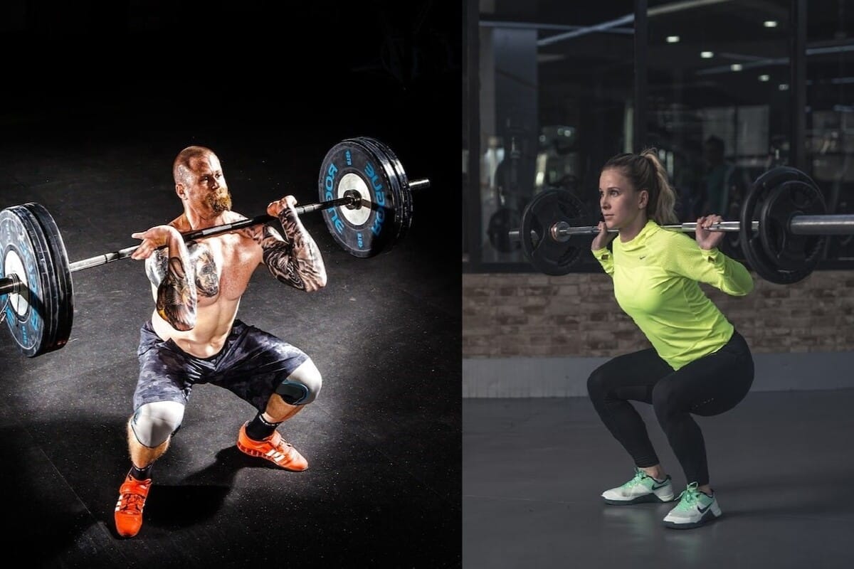 Image of a man doing a front squat and a woman doing a back squat.